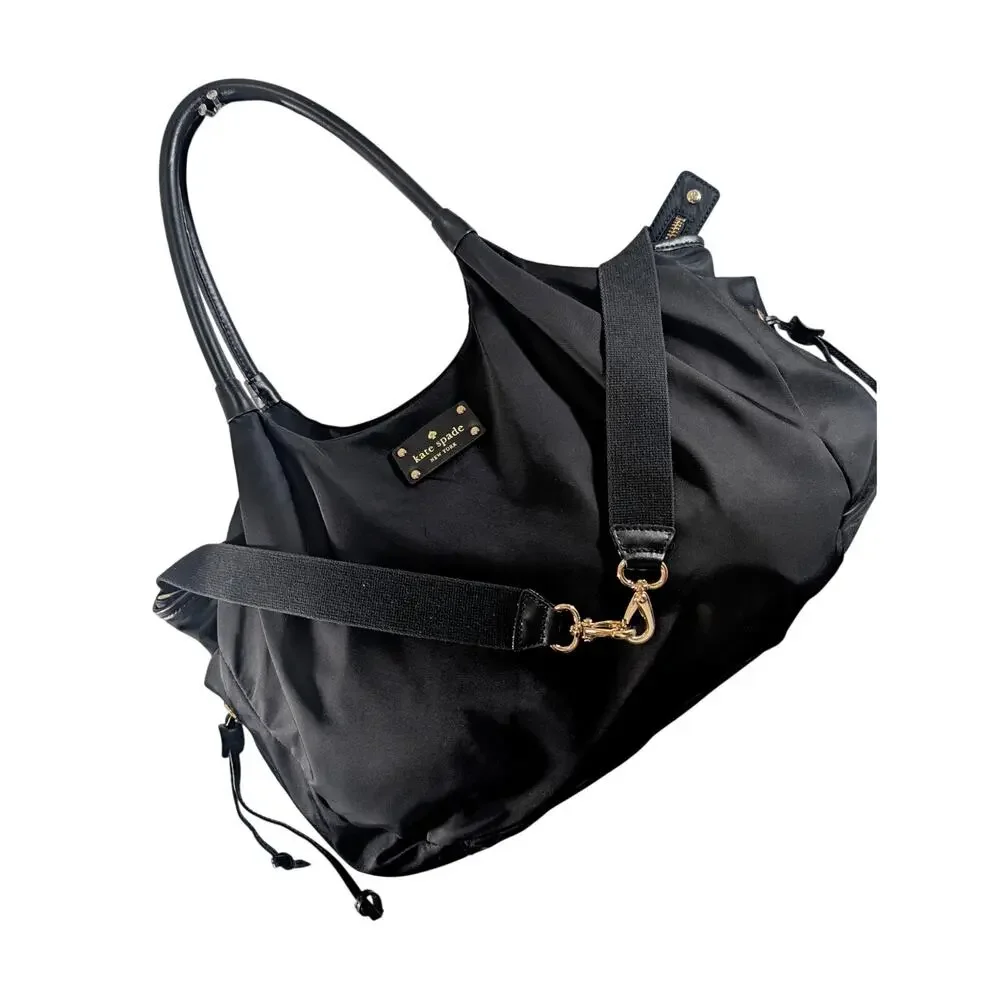 KATE SPADE! LUXE BLACK NYLON SATIN,VEGAN LEATHER, MULTI POUCH DIAPER BAG, PURSE!